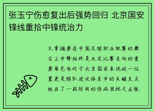 张玉宁伤愈复出后强势回归 北京国安锋线重拾中锋统治力